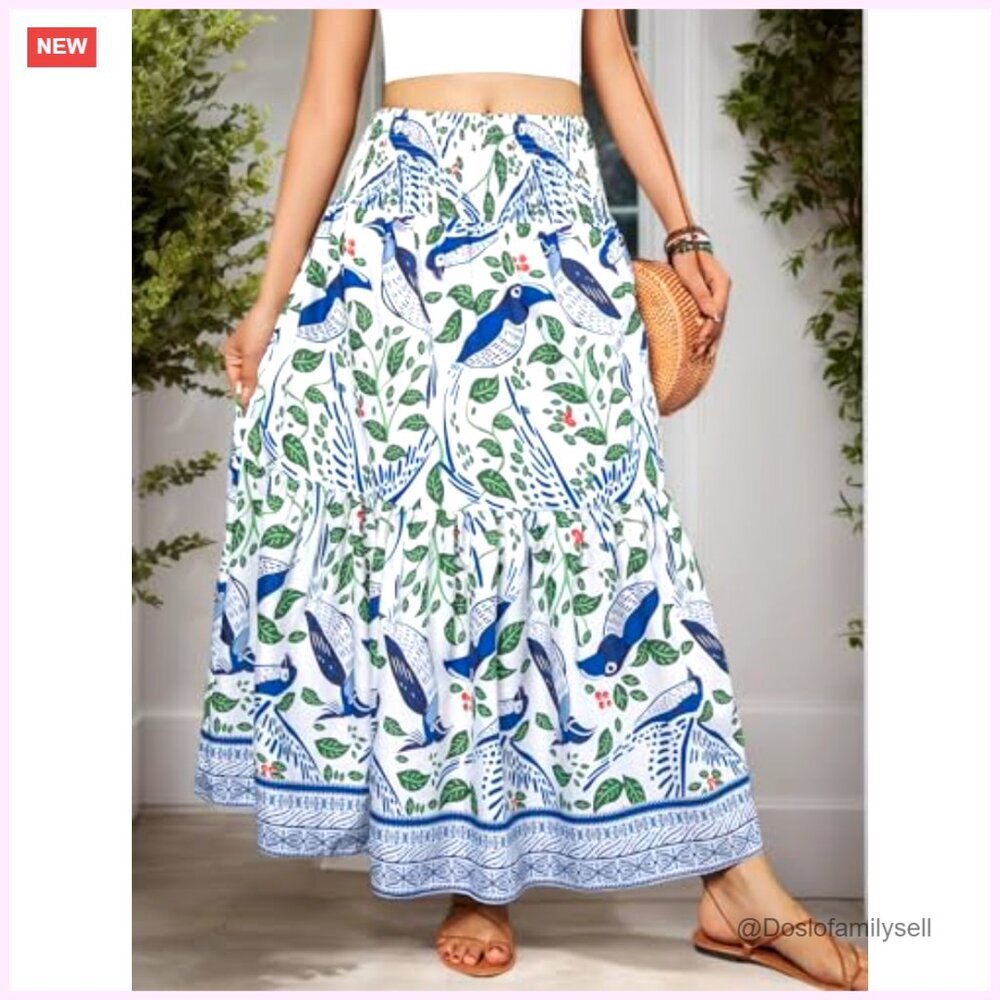 Women's High Waist Elastic Pleated A-Line Maxi Skirt Flowy Long Boho - Picture 2 of 7